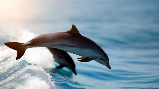 Two dolphins leaping playfully above sparkling blue ocean waves, symbolizing joy and freedom, capturing the beauty of nature and the vibrant marine environment.