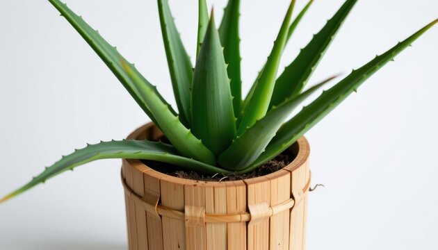 A pot of aloe vera (Aloe barbadensis miller) with thick succulent leaves that are long, fleshy, and serrated, emerging from a rustic bamboo cylinder pot