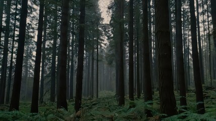 Fototapeta premium Tall trees in a dark, atmospheric forest with mossy ground