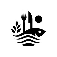 Black and white logo of a fork, knife and fish. The logo is of a restaurant and the fish is a symbol of the seafood they serve