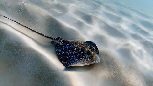 A mysterious stingray gliding gracefully over a sandy ocean floor, showcasing its unique patterns and textures, representing the beauty of underwater ecosystems.