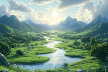 Fototapeta premium Serene mountain valley river sunrise; idyllic landscape