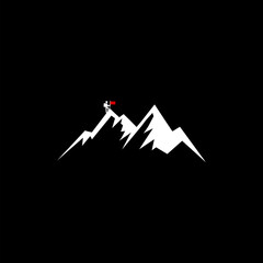 Man on top of mountain with flag icon isolated on black background
