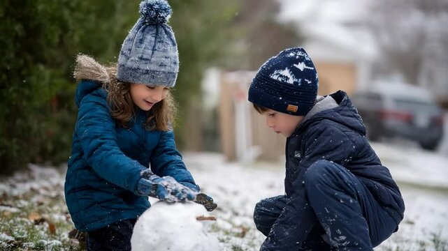 Two children joyfully working together to build a snowman in a winter wonderland, emphasizing the fun of outdoor play and the delightful experiences of childhood.