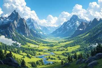 Naklejka premium Serene mountain valley river landscape, sunny day