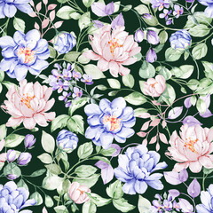 Seamless background, digital&nbsp;floral pattern with watercolor flowers&nbsp;peonies. Repeat fabric wallpaper print texture. Perfectly for wrapped paper, textile, scrapbook.