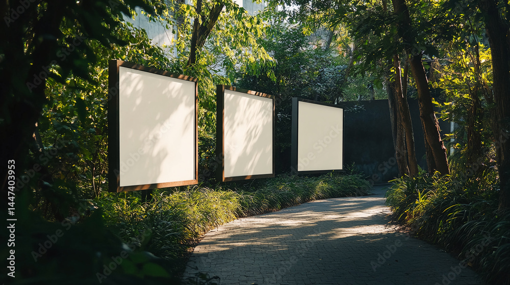 Aufkleber three blank signs in brown frames stand in a leafy garden setting along a stone path, offering free 