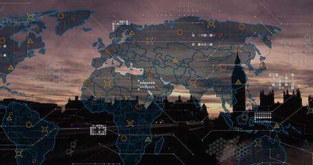 Digital world map overlaying hex grid and connecting lines over Westminster Bridge and Big Ben - Powered by Adobe