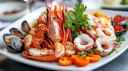 Delicious seafood platter with shrimp lobster mussels and calamari red dish meal plate ocean fresh