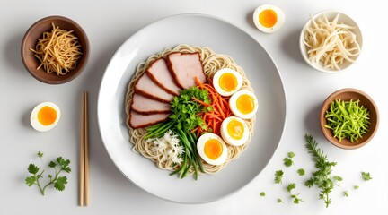 Delicious Asian-Inspired Noodle Bowl with Sliced Pork, Soft Boiled Eggs, and Fresh Vegetables