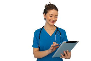 Female doctor wearing blue scrubs and stethoscope using digital tablet with transparent background