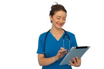 Female doctor wearing blue scrubs and stethoscope using digital tablet with transparent background