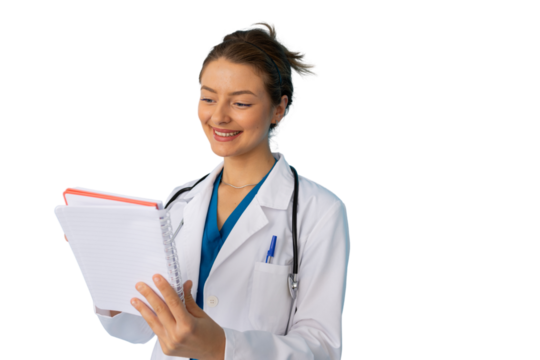 Female doctor wearing lab coat and stethoscope, smiling and reading notes on a transparent background
