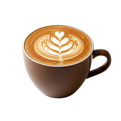 A rich, light brown latte with a beautiful leaf-shaped latte art design