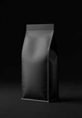 Black, matte, food-grade pouch, packaging mockup.  Sleek, modern, and versatile, ideal for coffee beans or other dry goods