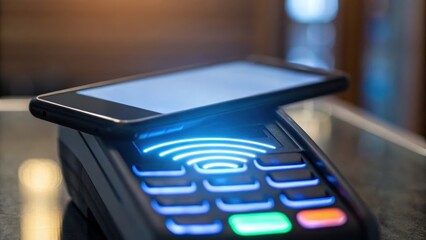 A smartphone is placed on a contactless payment terminal, showcasing modern digital payment technology in a sleek environment.