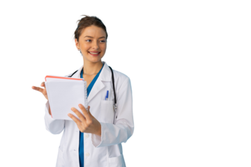 Female doctor wearing lab coat and stethoscope holding notebook with transparent background