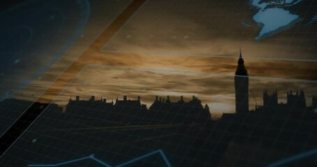 Elizabeth Tower standing against sunset skyline, showing translucent blue digital grid and charts - Powered by Adobe