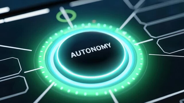 Glowing autonomy button on futuristic digital interface with agentic AI technology for smart control and innovation in modern technology systems
