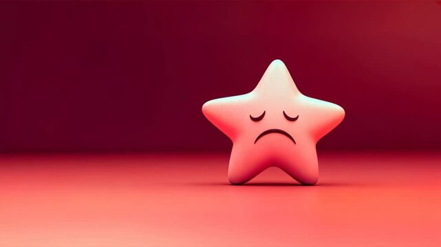 Pink star with sad emoticon face standing on floor against red backdrop, representing negative customer reviews, negative feedback, and customer complaints