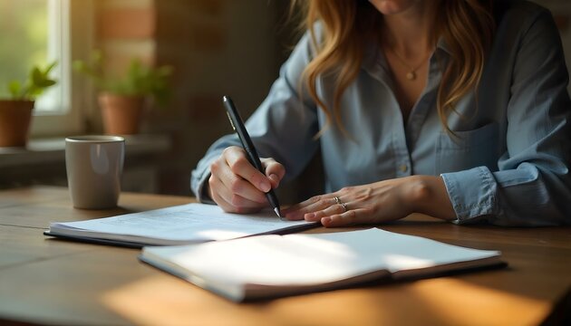 cropped view of woman making notes in weekly list, sitting behind wooden table with notepad and