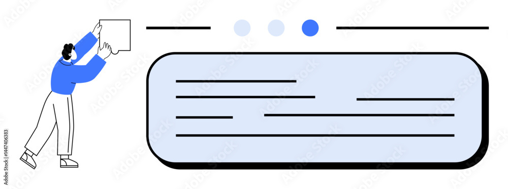 Wall mural person adjusting an interface element, navigation dots, and text box with a clean layout. ideal for 