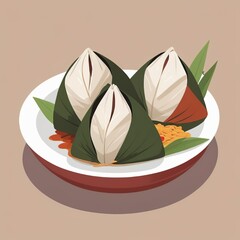 Zongzi, a traditional Chinese rice dumpling made of glutinous rice stuffed with different fillings and wrapped in bamboo leaves.