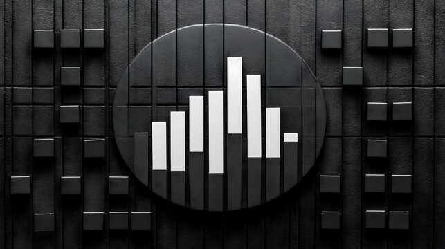 Dark graphic with a circular chart of fluctuating bars on a textured black background