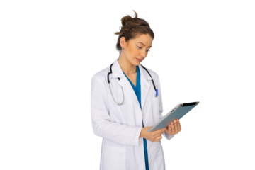 Female medical professional wearing lab coat and stethoscope using digital tablet, isolated on transparent background