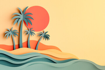 Tropical beach landscape with palm trees, sunset, and ocean waves in layered paper cut style, featuring warm pastel tones and minimalist 3D design with copy space.