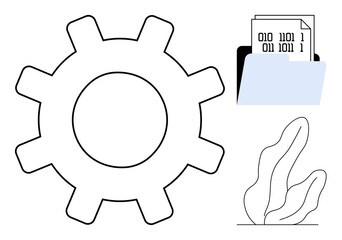 Gear icon next to file folder holding binary files with a decorative abstract plant. Ideal for technology, automation, data management, software tools, coding, system processes, simple landing page