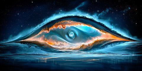 A mystical cosmic eye formed from colorful nebula clouds gazes over a reflective ocean under a starry night sky.