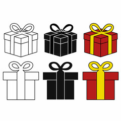 Set of gift box icons in outline, black solid, and red-yellow colors. Perfect for holidays, celebrations, packaging, or web and app decoration.