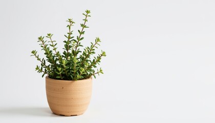 Obraz premium A thyme plant (Thymus vulgaris) with tiny green leaves and woody stems, arranged in a handmade pot made from pressed sugarcane bagasse. The pot has a light tan color with a soft pulp texture