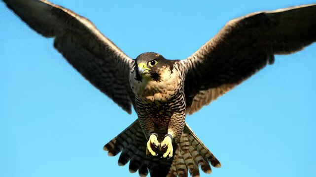 Beautiful peregrine falcon soaring in a clear blue sky