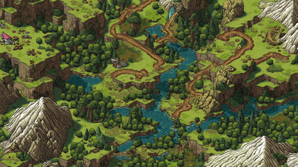 Fototapeta premium レトロ風ドット絵で描かれたファンタジー世界の地図（ゲーム・教育・デジタル）