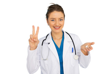 Young female doctor showing two pills and victory sign with transparent background