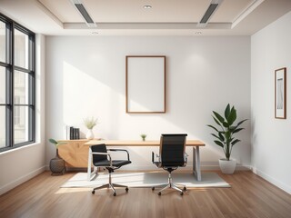 Modern office workspace with a clean design featuring a mockup of wall art, office, workspace, corporate