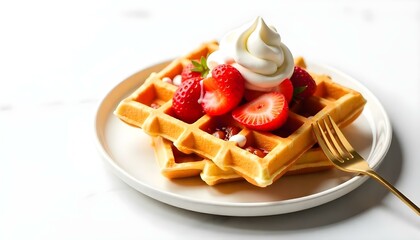 panoramic shot of waffles and golden cutlery isolated on white