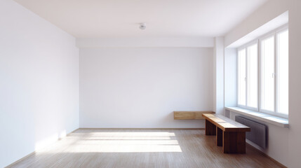 Fototapeta premium Empty, bright room with minimalist furniture. White walls, light wood floor and a simple bench near a window. Sunlight streams in