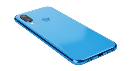 A vibrant blue smartphone, back view, featuring a triple camera setup
