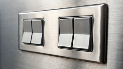 Sleek metal light switch panel with two switches set against a brushed silver background.