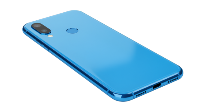 A vibrant blue smartphone, back view, featuring a triple camera setup