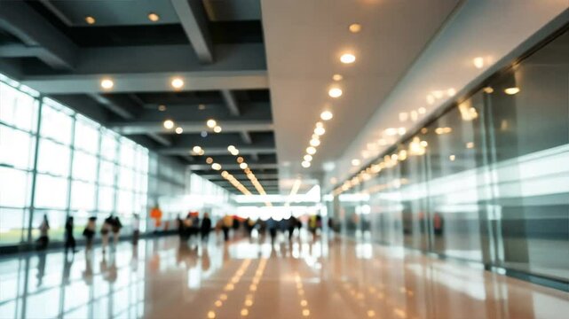 Modern expo terminal interior with glass walls and ceiling lights, busy scene at crowded hall, exhibition hall, expo event setting