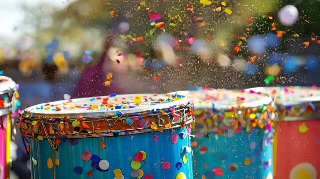 Vibrant drums in a colorful parade with flying confetti energizing the crowd