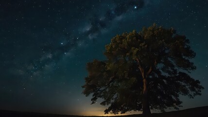 Naklejka premium Tree silhouette under starry night sky with faint horizon light