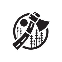 Stylized black and white icon of an axe with sun and forest imagery. Axe logo design, silhouette icon, vector art illustration, design template