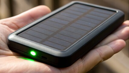 Portable solar charger held in hand, showcasing eco-friendly technology for charging devices on the go.