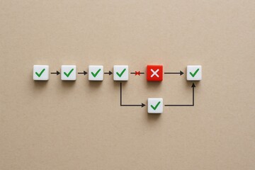 Process Flowchart Cubes Green Checkmarks Red Cross Symbol Workflow Diagram Business Strategy Planning Project Management Success Failure Risk Assessment Correct Incorrect Decision Making Steps        