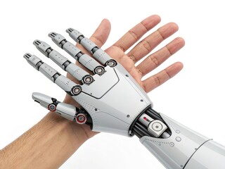 human hand in robot hand close up on a white background